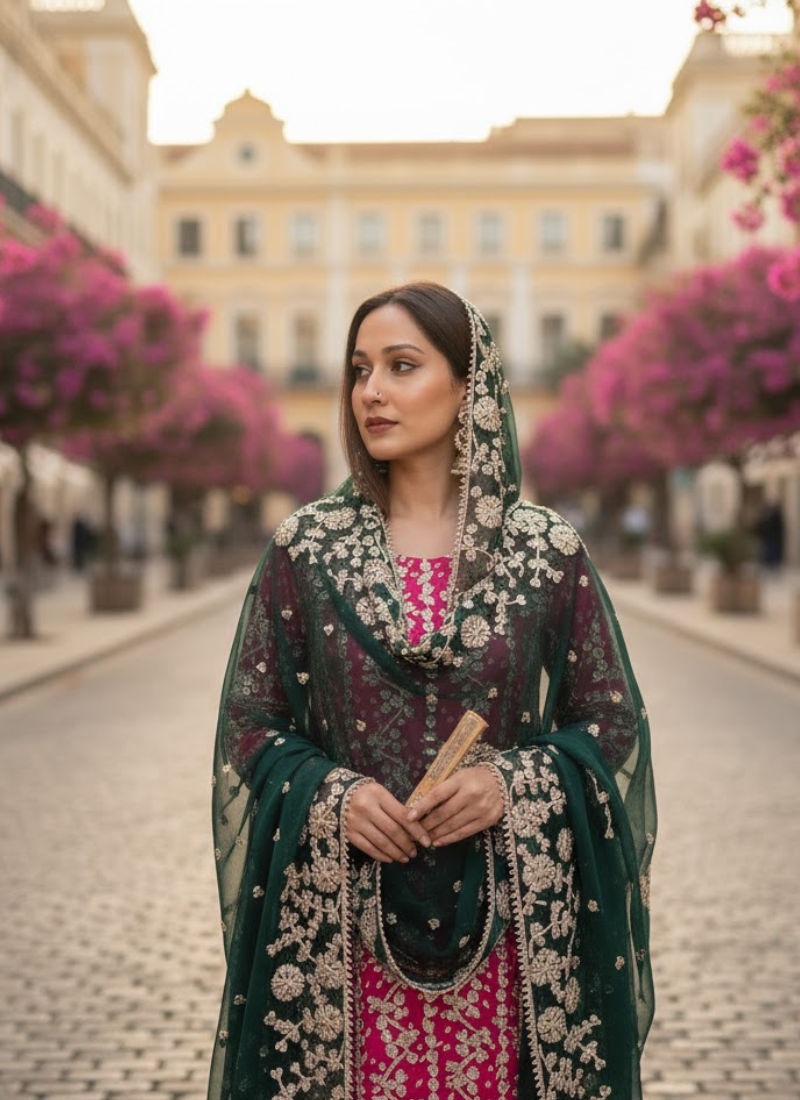 Pakistani Bandhini Chiffon Suit – Pink & Green Gota Patti Elegance