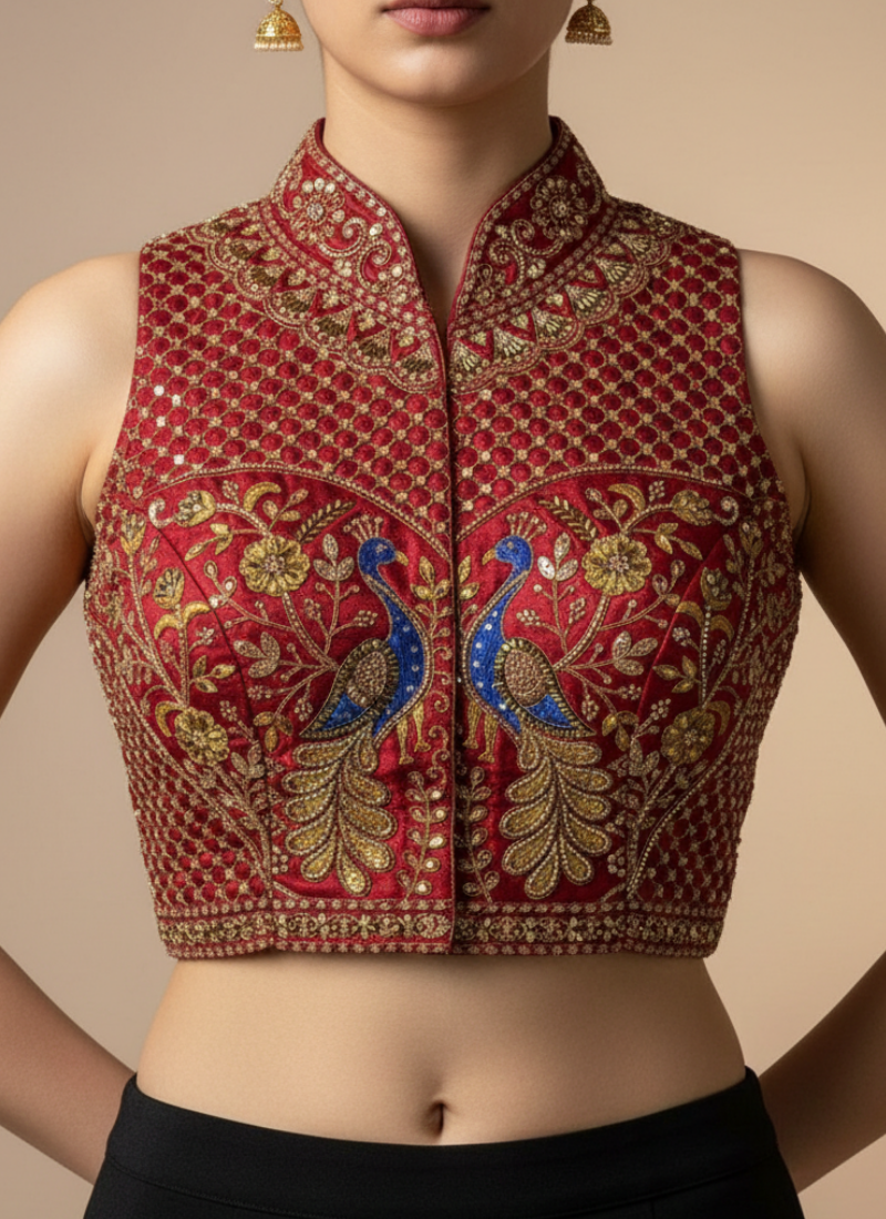 Peacock Silk Party Blouse with Hand Work