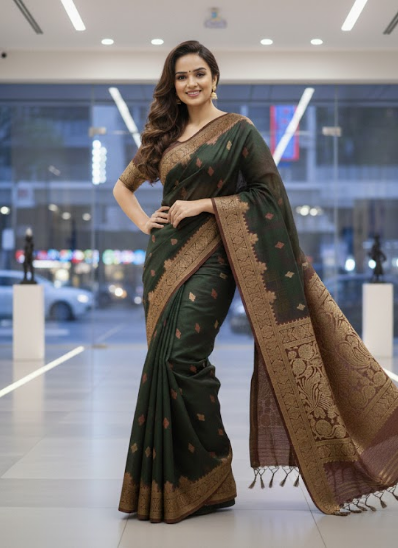 Deep Forest Green Katan Silk Saree with Blouse