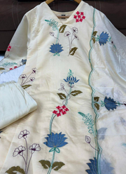 Cream Punjabi Suit in Chanderi Cotton with Embroidery + Dupatta 5