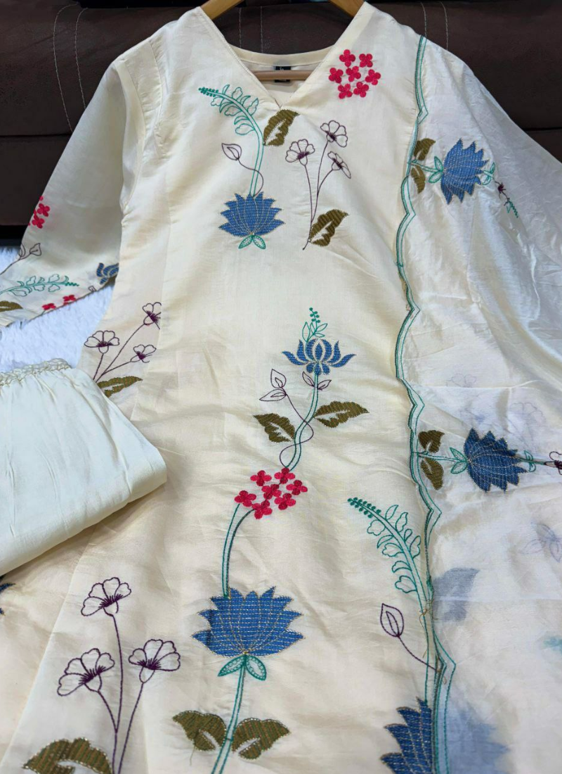 Cream Punjabi Suit in Chanderi Cotton with Embroidery + Dupatta