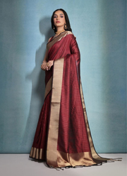 Plum Banarasi Silk Saree with Zari Weaving, Border & Pallu + Blouse Piece 5