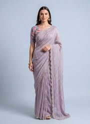 Diwali Crush Georgette Saree – Butti Embroidery, Scalloped Arka Border & Floral Print Blouse 12