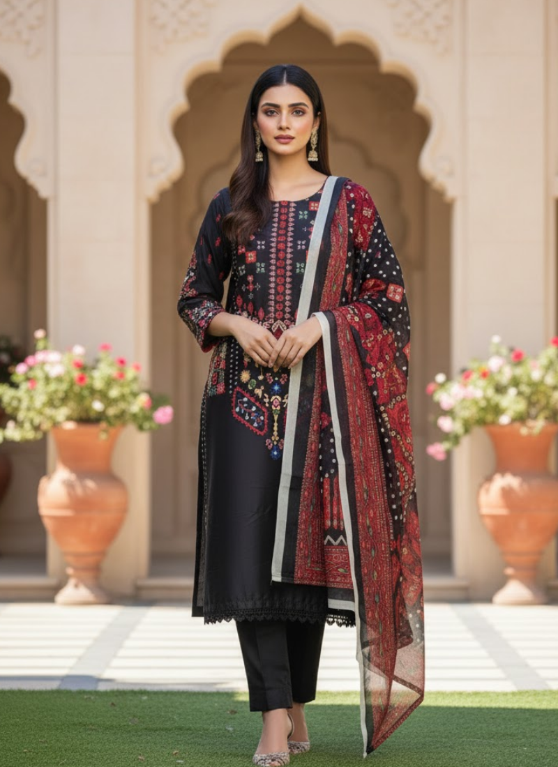 Pakistani Satin 3-Piece Salwar Suit – Elegant Kota Dupatta Set