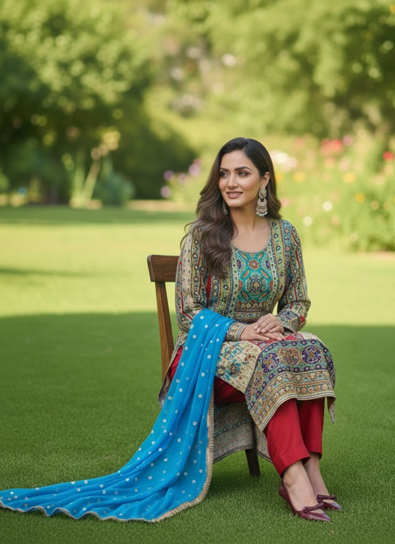 Pakistani Chinnon Salwar Suit with Hand Embroidery