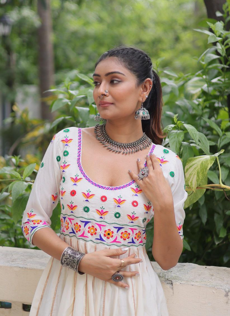 Roman Fabric Anarkali Dress with Multicolour Thread & Gota Lace Work
