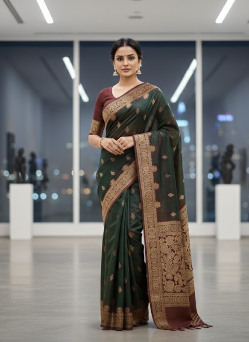 Deep Forest Green Katan Silk Saree with Blouse