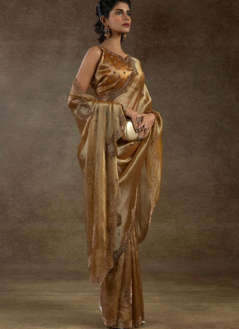 Pink Copper Silk Saree – Jarkhan Diamond Work with Matching Blouse