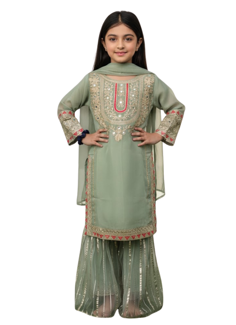 Mint Green Chiffon Kids Sharara Suit – Pishta Elegance