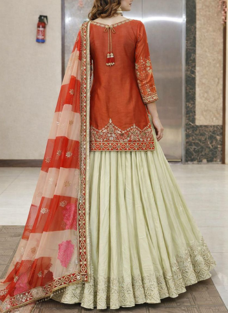 Red Crunchy Silk Sharara Suit with Heavy Sequins Embroidery + Dupatta