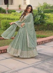 Faux Georgette Lehenga Choli with Sequins & Zari Embroidery + Lace Dupatta 6