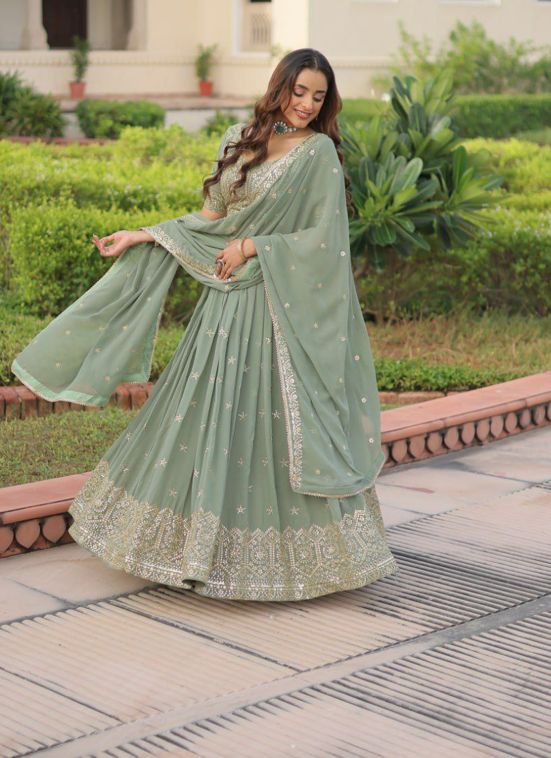 Faux Georgette Lehenga Choli with Sequins & Zari Embroidery + Lace Dupatta
