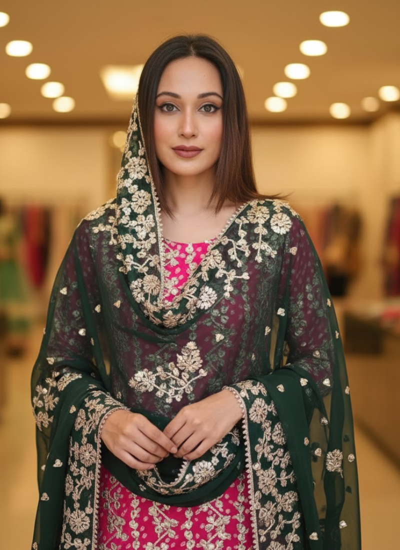 Pakistani Bandhini Chiffon Suit – Pink & Green Gota Patti Elegance
