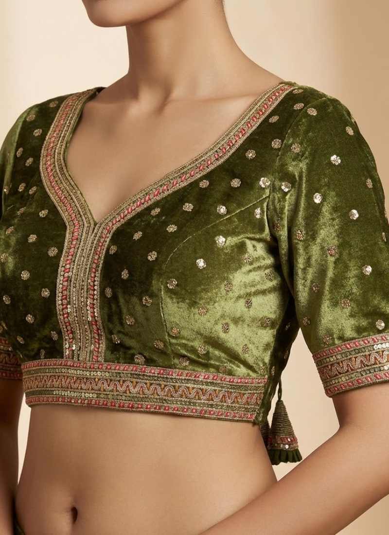 Women’s velvet bridal blouse with heavy embroidery, padded fit, back open style, and festive design.