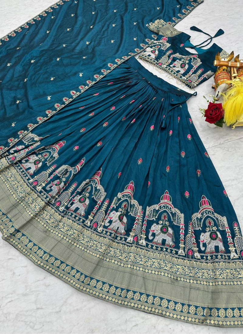 Pure Vichitra Embroidered Lehenga Choli Set