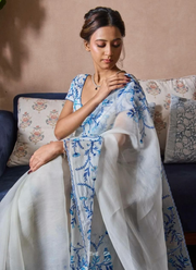 Soft Tebby Silk Saree with Floral Print, Beads & Katdana Handwork + Blouse Piece 3