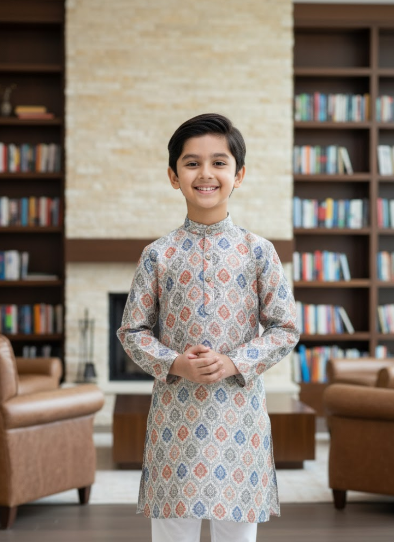 Multicolor Kurta with White Cotton Pyjama – Kids Ethnic Set