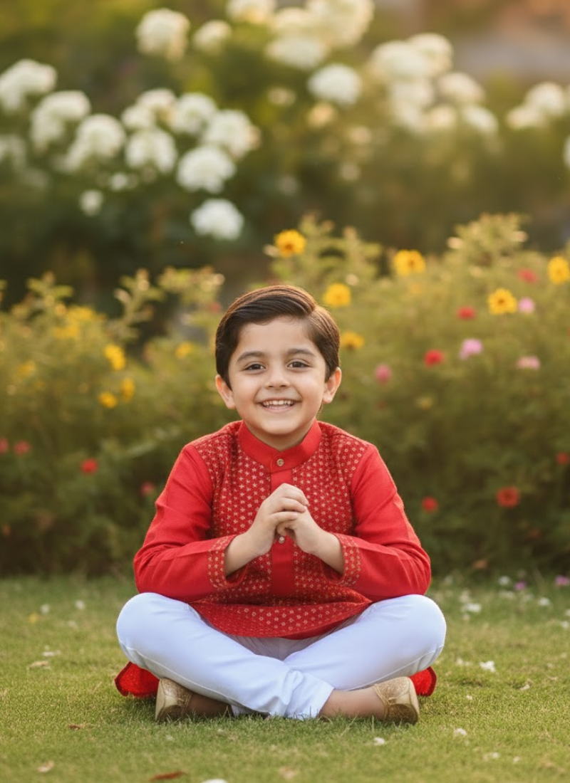 Kids Kurta Pajama – Red Silk Kurta with White Cotton Pyjama