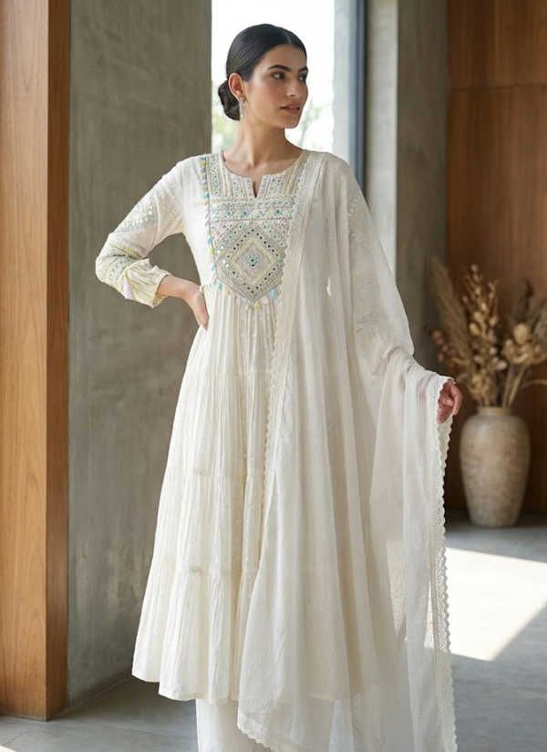 White Anarkali Gown in Flex Butti Cotton with Embroidery + Kota Dupatta