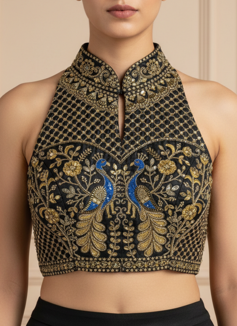 Peacock Silk Party Blouse with Hand Work