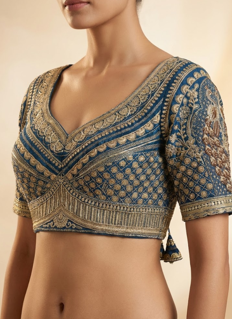 Roman Silk Women’s Blouse with Heavy Embroidery & Back‑Open Design