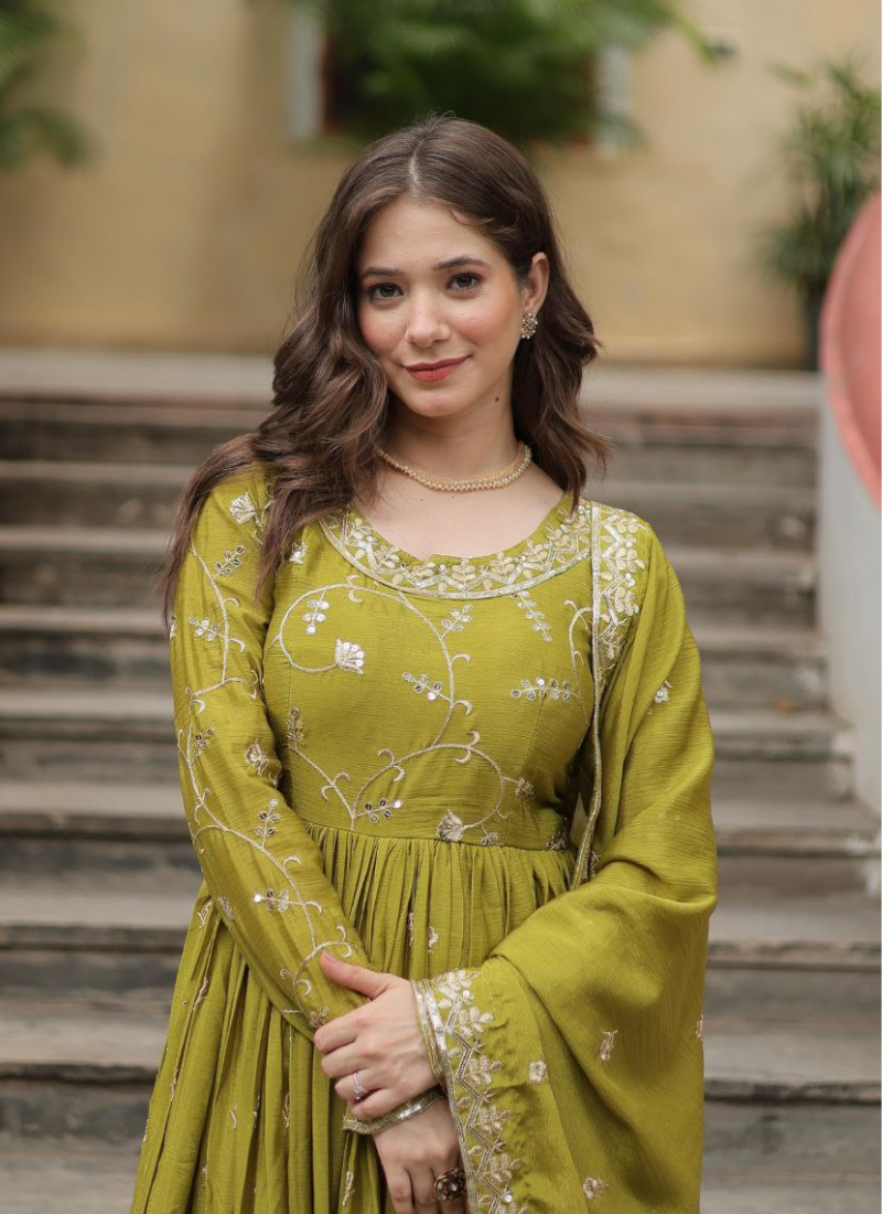 Parrot Green Anarkali Gown in Chinon with Sequins Embroidery + Sharara & Dupatta
