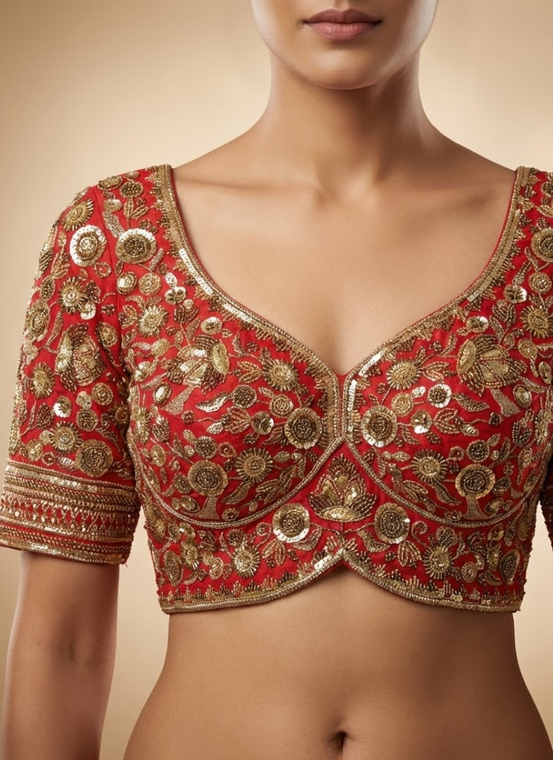 Heavy Roman silk blouse with Jari, sequence and beads work, padded fit, handmade hooks and latkans.