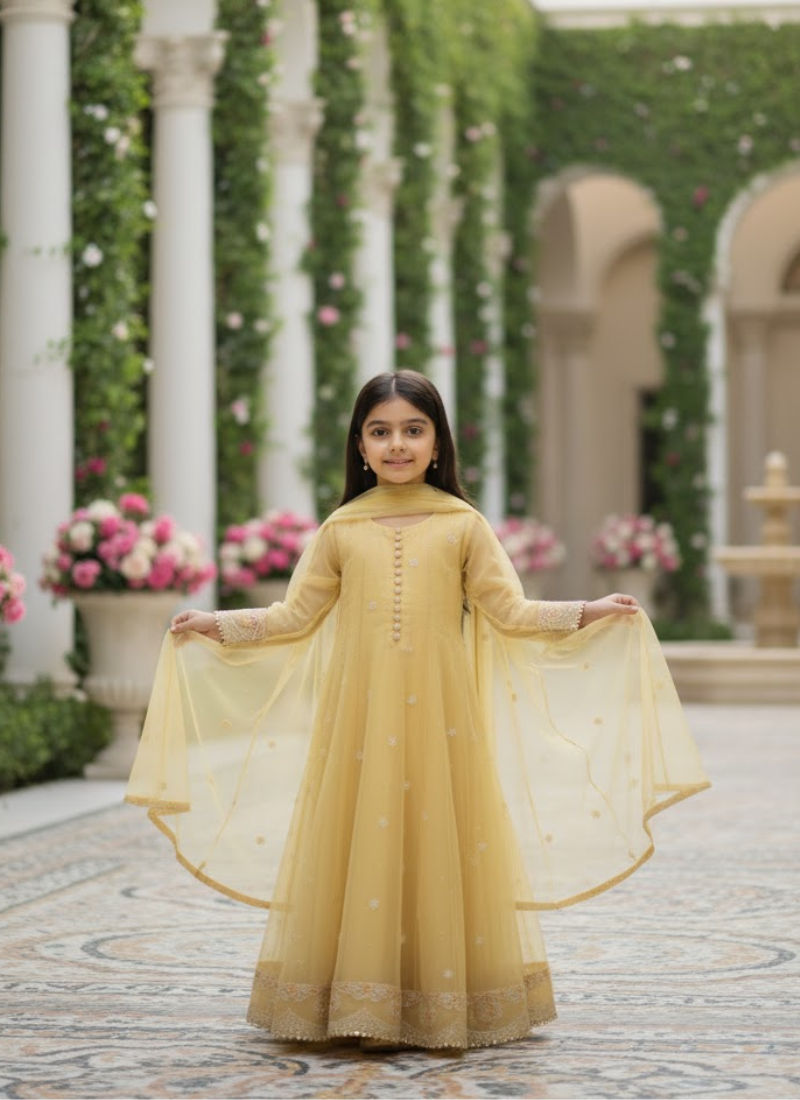 Beige Organza Kids Anarkali Dress – Elegant Ethnic Wear