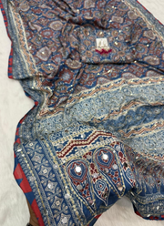 Ajrak Printed Silk Saree – Digital Print, Mirror & Sequins Handwork with Satin Blouse 13