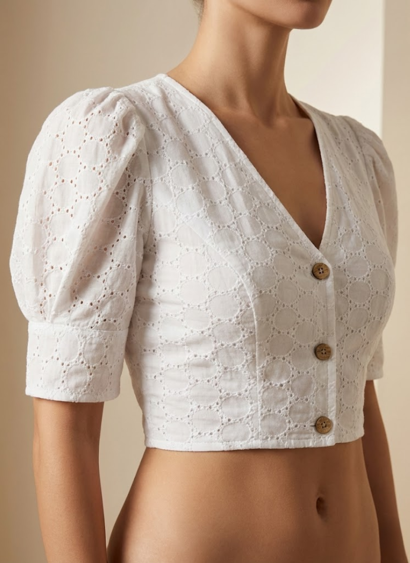 Pure Cotton Hakoba Puff Sleeve Blouse with Football Design