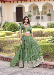 Olive Green Gold Crush Lehenga Choli with Sequins & Zari Embroidery + Designer Dupatta 6