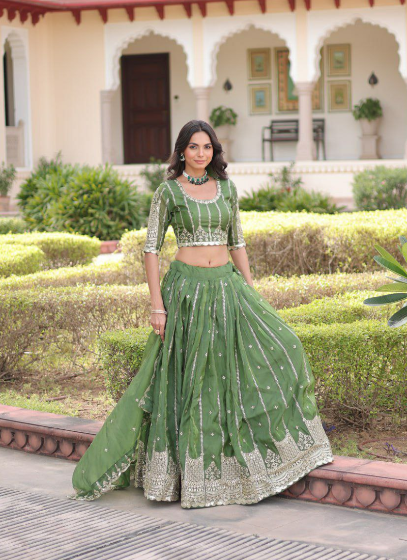 Olive Green Gold Crush Lehenga Choli with Sequins & Zari Embroidery + Designer Dupatta