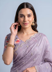Diwali Crush Georgette Saree – Butti Embroidery, Scalloped Arka Border & Floral Print Blouse 13