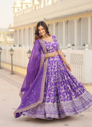 Purple Viscose Jacquard Lehenga Choli with Sequins Embroidery + Russian Silk Dupatta 6