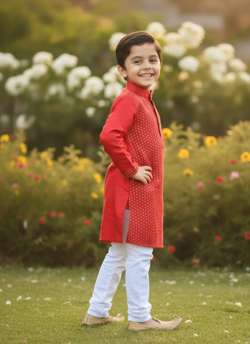 Kids Kurta Pajama – Red Silk Kurta with White Cotton Pyjama
