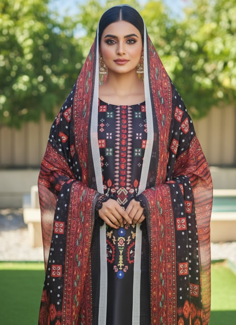 Pakistani Satin 3-Piece Salwar Suit – Elegant Kota Dupatta Set