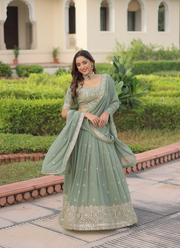 Faux Georgette Lehenga Choli with Sequins & Zari Embroidery + Lace Dupatta 7