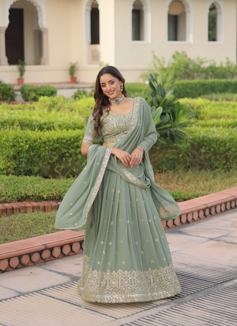 Faux Georgette Lehenga Choli with Sequins & Zari Embroidery + Lace Dupatta