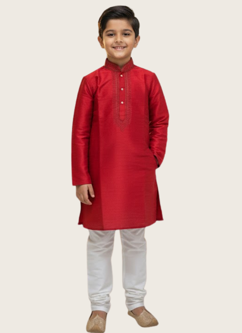 Red Kurta with White Cotton Pyjama – Kids Kurta Pajama Ethnic Set