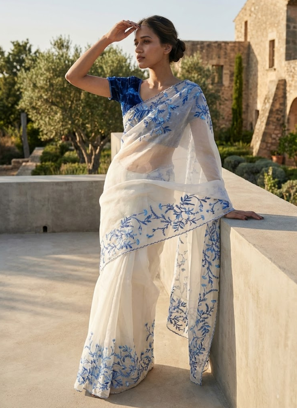 Soft Tebby Silk Saree with Floral Print, Beads & Katdana Handwork + Blouse Piece Australia