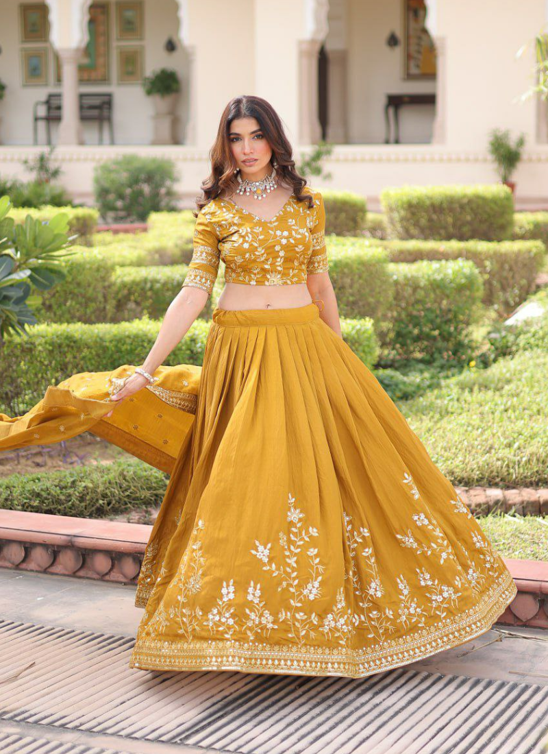 Mustard Yellow Vichitra Silk Lehenga Choli with Heavy Sequins & Zari Embroidery + Dupatta