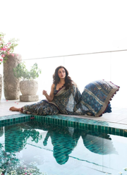 Ajrak Printed Silk Saree – Digital Print, Mirror & Sequins Handwork with Satin Blouse 9