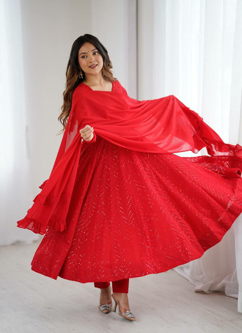 Red Fox Georgette Anarkali Suit with Sequins Work & Ruffle Dupatta