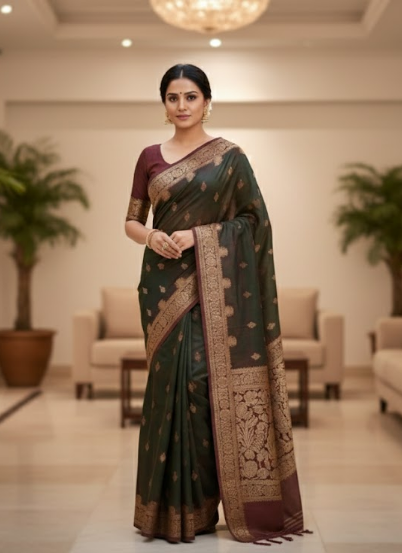 Deep Forest Green Katan Silk Saree with Blouse