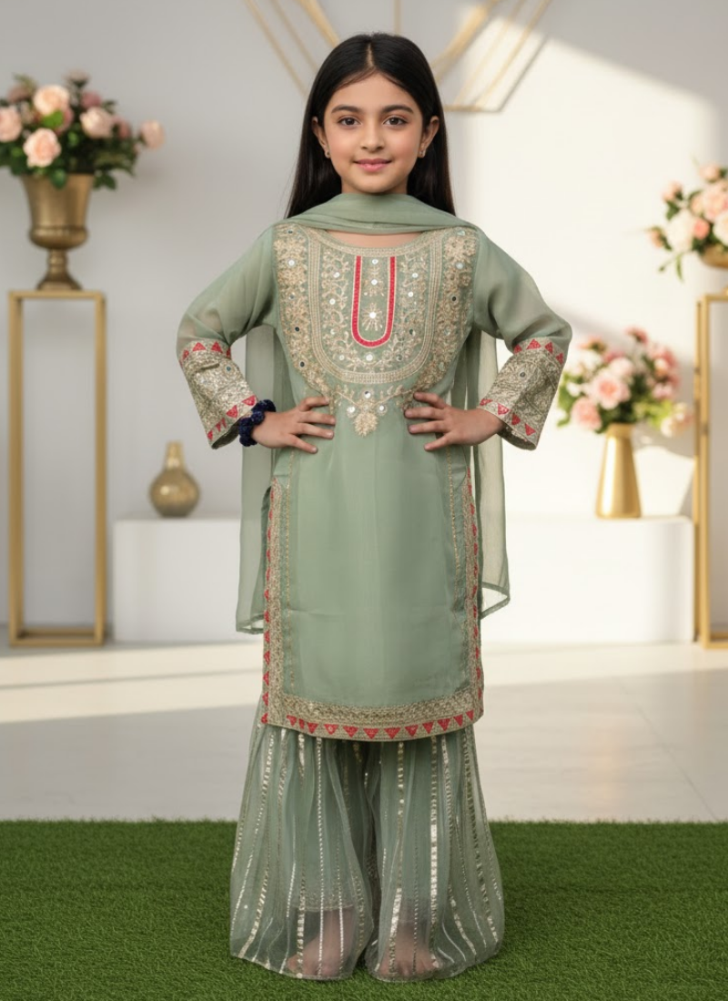 Mint Green Chiffon Kids Sharara Suit – Pishta Elegance