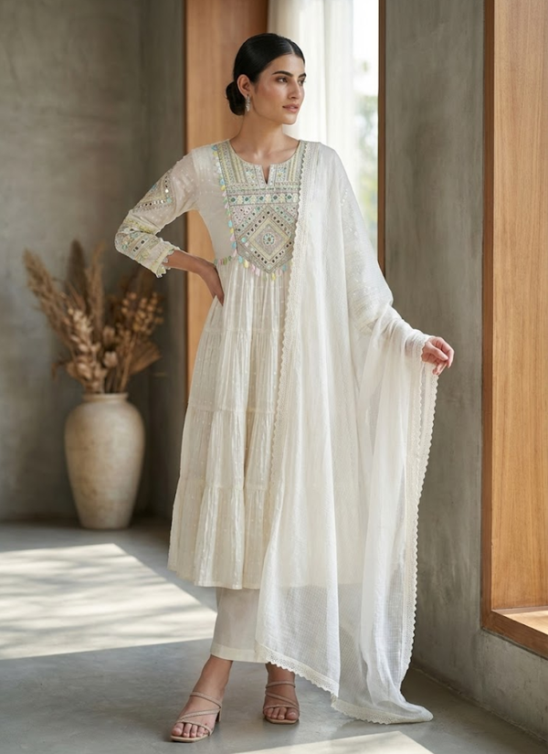 White Anarkali Gown in Flex Butti Cotton with Embroidery + Kota Dupatta