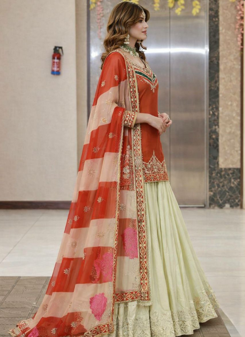 Red Crunchy Silk Sharara Suit with Heavy Sequins Embroidery + Dupatta