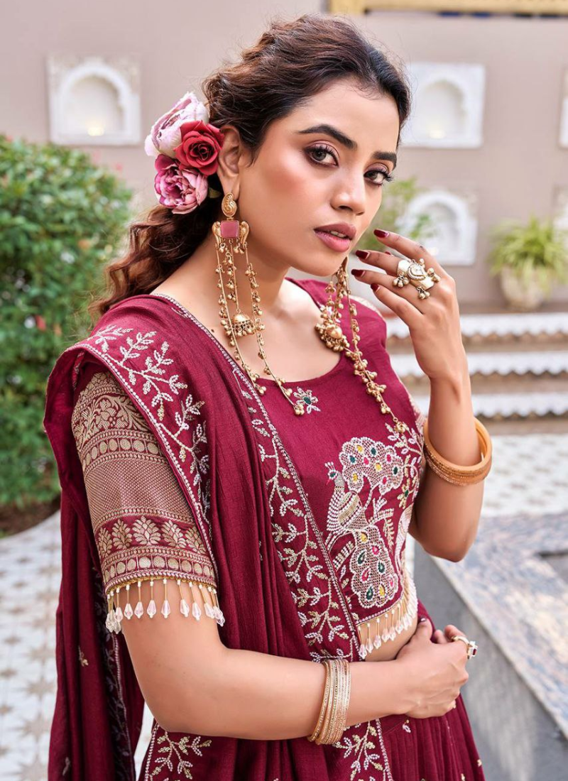 Pure Vichitra Embroidered Lehenga Choli Ensemble