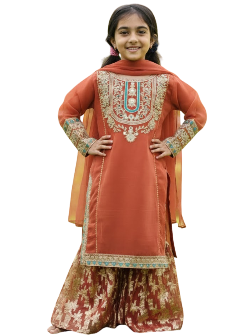 Brick Chiffon Kids Sharara – Elegant Ethnic Wear