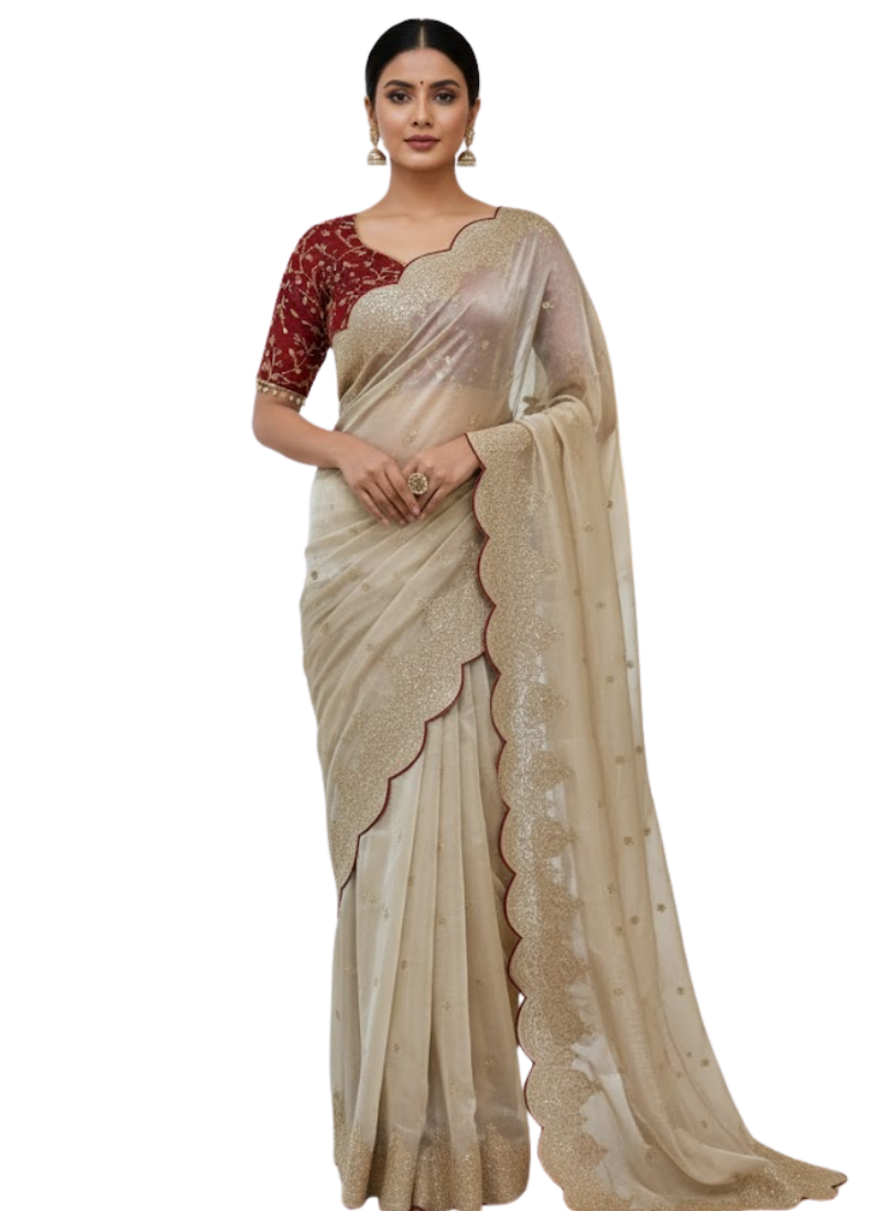 Champagne Gold Designer Saree – Sequins & Zari Work with Red Corset Blouse